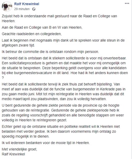 Burgemeester Krewinkel kondigt ontslag aan na commotie over sollicitatie