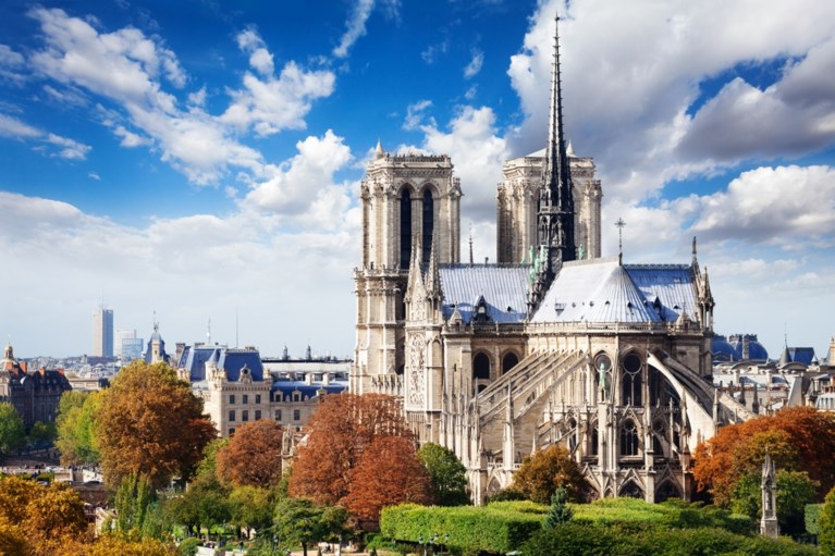 Beroemde Parijse kathedraal Notre-Dame in lichterlaaie
