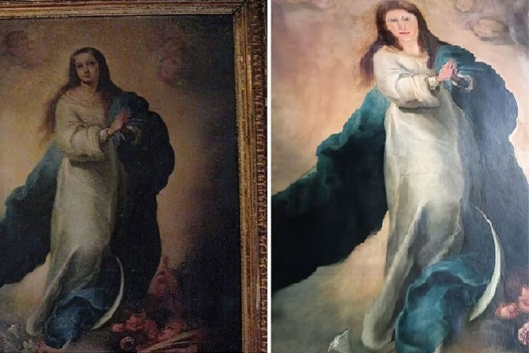 Opnieuw gaat restauratie schilderij gruwelijk mis in Spanje: ‘Die klunzen verknoeien het keer op keer’
